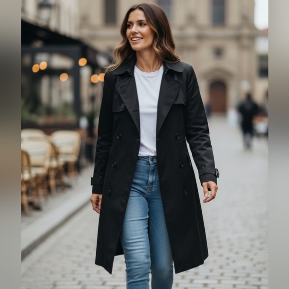 Jackets & Blazers - DKNY Black Trench Coat Classic Tailored Design Double Breasted Military Zippers